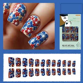 4th of July Press On Nails Coffin, Independence Day Flowers Medium Fake Nails with Glue, Glitter Natural Full Coverage False Nails for Women Holiday Flowers Stars Acrylic Manicure Supplies (24Pcs)
