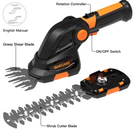 GARCARE 2 in 1 Grass Shears & Hedge Trimmer, Cordless Handheld Bush Trimmer, 1200rpm Grass Cutter with 2000mAh Built-in Battery