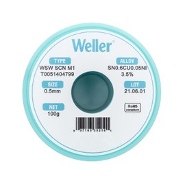 Weller WSW SCN M1 (T0051404799) Lead Free Solder Wire, Dia: 0.5 mm / 0.020 in, Wt: 100 g / 3.527 oz, Alloy Sn99.3Cu0.6Ni0.05, Flux content 3.5%