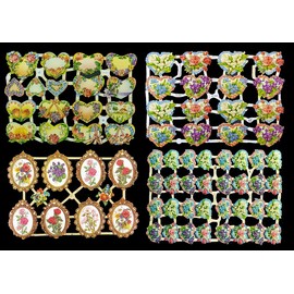 Glanzbilder Flower Hearts and Locket Set of 4 Different Wafer Paper Sheets for Crafts and Decorating