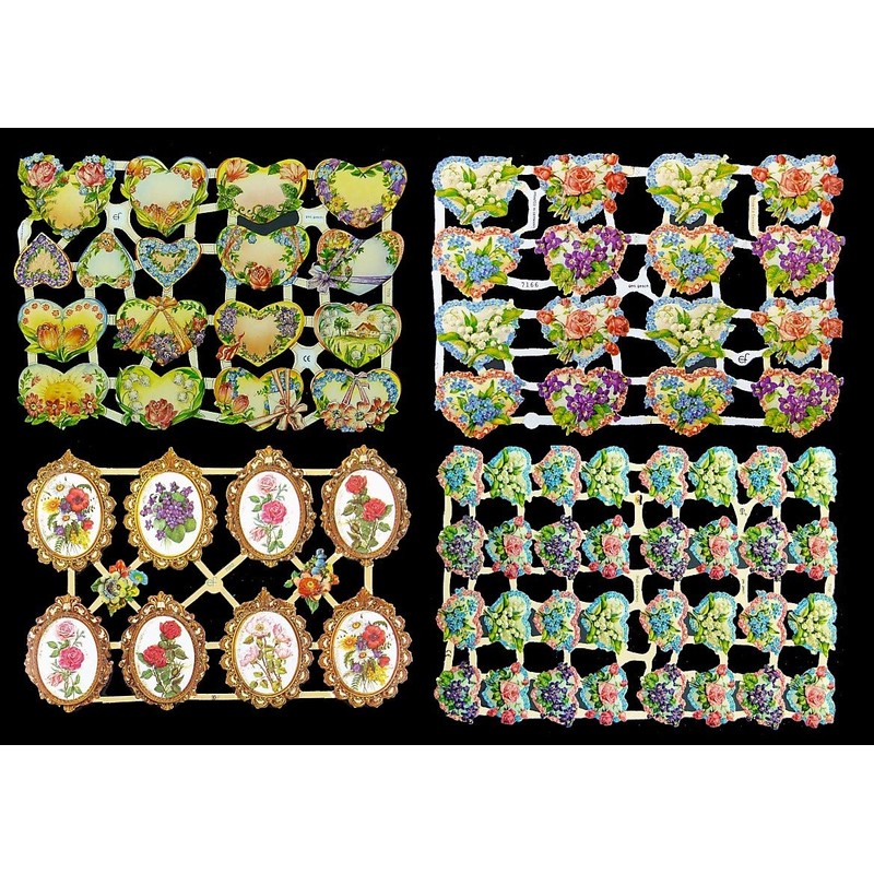 Glanzbilder Flower Hearts and Locket Set of 4 Different Wafer
