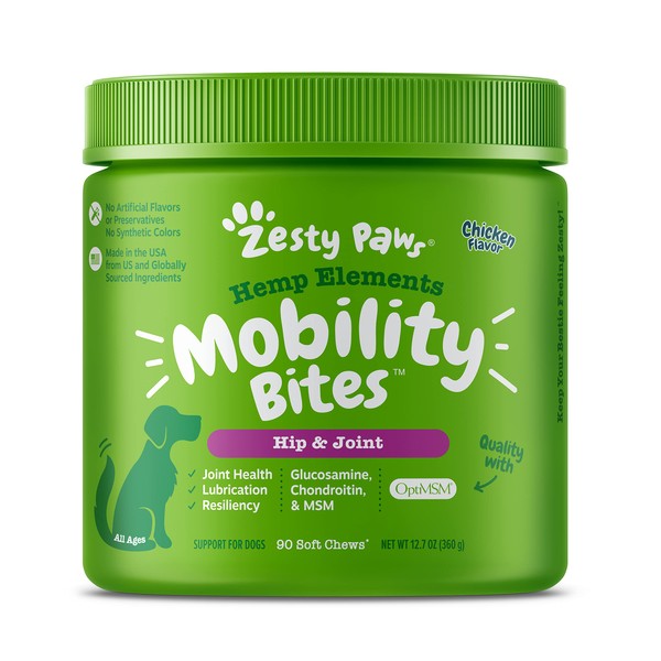 Zesty Paws Mobility Bites Dog Joint Supplement - Hip and Joint Chews for Dogs - Pet Products with Glucosamine, Chondroitin, & MSM + Vitamins C and E for Dog Joint Relief – Hemp - Chicken – 90 Count