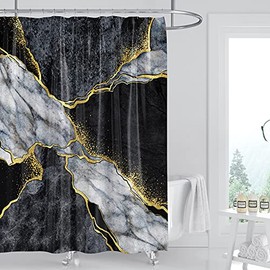 DOMOKU Marble Shower Curtain Black and Gold Marble Texture Shower Curtains for Bathroom Decorative Abstract Modern Bathroom Curtain with 12Hooks Fabric Waterproof 72"x72"