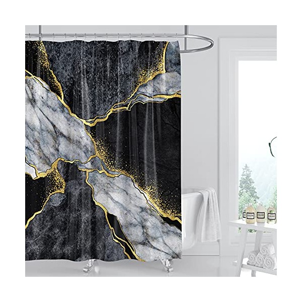 DOMOKU Marble Shower Curtain Black and Gold Marble Texture Shower