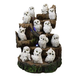 Ebros Gift Set of 12 Arctic Tundra Forest Miniature Snow White Owls and Rustic Ancient Tree Steppes Faux Wooden Display Stand Sculpture with LED Light 9.75" H