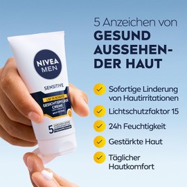 NIVEA MEN Sensitive Face Care Cream with SPF 15, 24-Hour Moisturising Cream for Sensitive Men's Skin, Soothing Face Cream to Relieve Skin Irritation (75 ml)