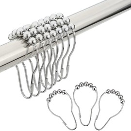 Shower Curtain Rings, Curtain Ring Hooks, Smooth with Metal Balls, Stainless Steel Closet Kitchen Easy to Install Opening Design, Pack of 12