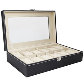 Wegi King Watch Box Case,12 Slots Watch Case Display Storages Jewelry Organizer Storage Box Case Holder Display with Adjustable Soft Pillows and High