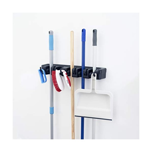 Superio Mop and Broom Holder Wall Mount (Black) Cleaning Tools Wall Organizer, 5 Rack Slots and 6 Hooks for Kitchen Closet Garage Garden and Office