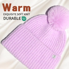 WKF Wool Blend Womens Winter Knitted Beanie Hat with Faux Fur Pom, Warm Knit Skull Cap Beanie for Women Black