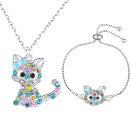 GlamRays Love Rainbow Rhinestone Cat Jewellery Set for Girls Necklace for Girls Bracelet for Girls Jewellery Gift for Girls Daughter Granddaughter Niece, silver, L
