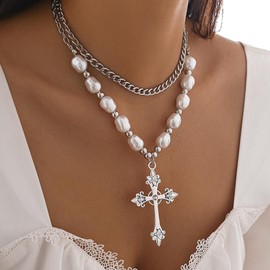 Gold Pearl Cross Necklaces for Women Layered Y2k Baroque Pearl Beaded Choker Necklaces Adjustable Cross Pendant Necklaces Trendy Punk Jewelry Gifts (Silver)
