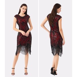 WILDPARTY 1920S Women's Flapper Dress Sequin Fringed Dress Roaring 20s Cocktail Dress (BlackRed-L)
