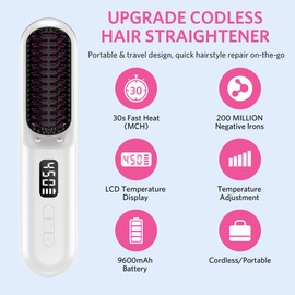 Househerb Cordless Hair Straightener Brush, Portable Mini Hair Straightening Brush for Travel, Rechargeable 9600 mAh USB-C, Lightweight Anti-Scald Heated Styling Tools & Appliances