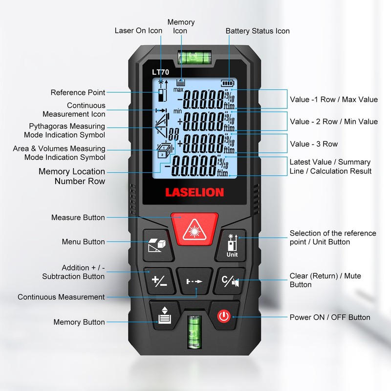 LASELION LT70 Laser Distance Meter – 70m (229ft) Range, High