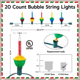 Christmas Bubble String Lights - 20.5 FT Christmas String Lights with 20 Counts Christmas Lights Bulb, Traditional Bubble Decorative Lights for Holiday Christmas Celebrations Lighting, Multicolor