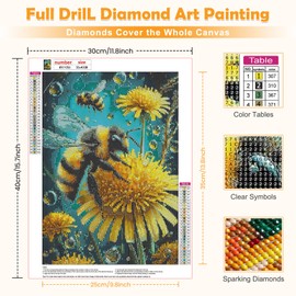 MOGTAA Bee Diamond Art Painting Kits for Adults, Bee Flowers Diamond Painting Kits for Beginners, DIY 5D Diamond Dots Kits Gem Painting for Home Art Decor 12x16 inch