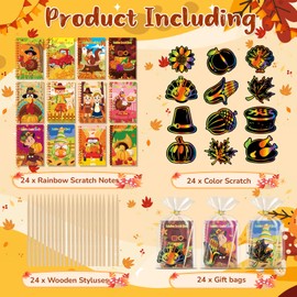 Skrajoi 24 Pack Thanksgiving Scratch Art Party Favors for Kids - Rainbow Scratch Paper with Thanksgiving Party Scratch Off Cards Easter Birthday Goodie Bag Stuffers - Return Gifts DIY Classroom Prize