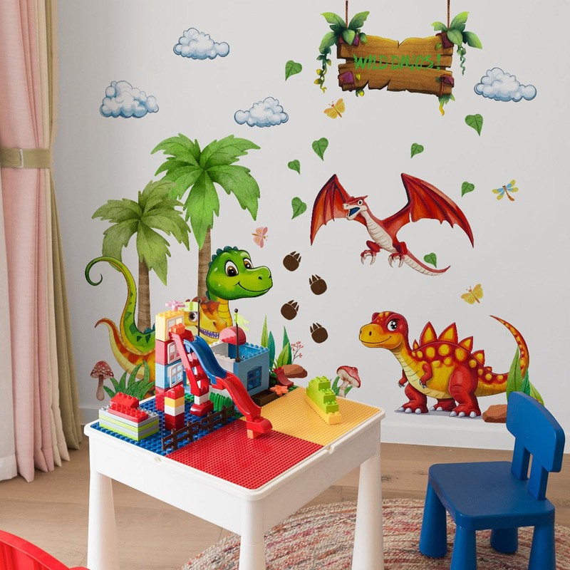 Dinosaur Wall Decals, Cartoon Jungle Theme with Palm Trees and