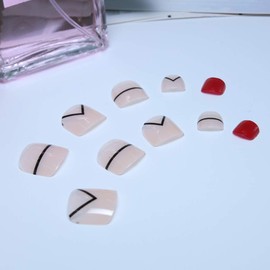 Yienate False Nail for Toes Chic Exquisite Bridal Black Red V Line Fake Nail for Toes Full Cover Nail Tips Toenails Pack of 24