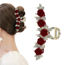 Rannyrena Flower Rhinestone Metal Hair Claw Clips for Women Camellia Floral Claw Clip Large Tulip Nonslip Strong Hold Hair Accessories for Thick Hair (Red Velvet Rose B)