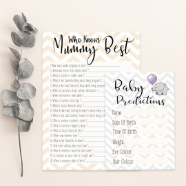 The Little Party Company Baby Shower Game - Who Knows Mummy Best & Baby Prediction Double Pack - Cute Elephant and Chevron Design (10 of each game)
