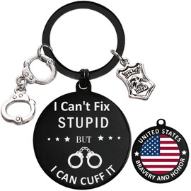 Police Officer Keychain Gifts for Men - Handcuff and Badge Charms with I Can’t Fix Stupid But I Can Cuff It, Patriotic USA Flag Key Chain Graduation Promotion or Retirement (Black)
