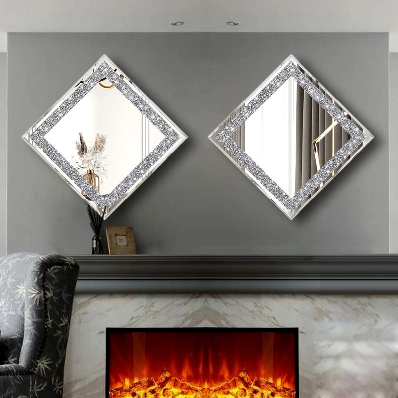 XIHACTY 2 Piece Wall Mirrors, Crush Diamond Mirrors Decor, Silver