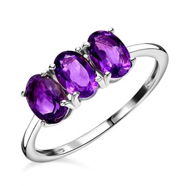 TJC Natural Amethyst Three Stone Ring for Women in Platinum Plated 925 Sterling Silver Size Q Prongs Setting Forever Together February Birthstone Metal Wt. 1.6 Grams