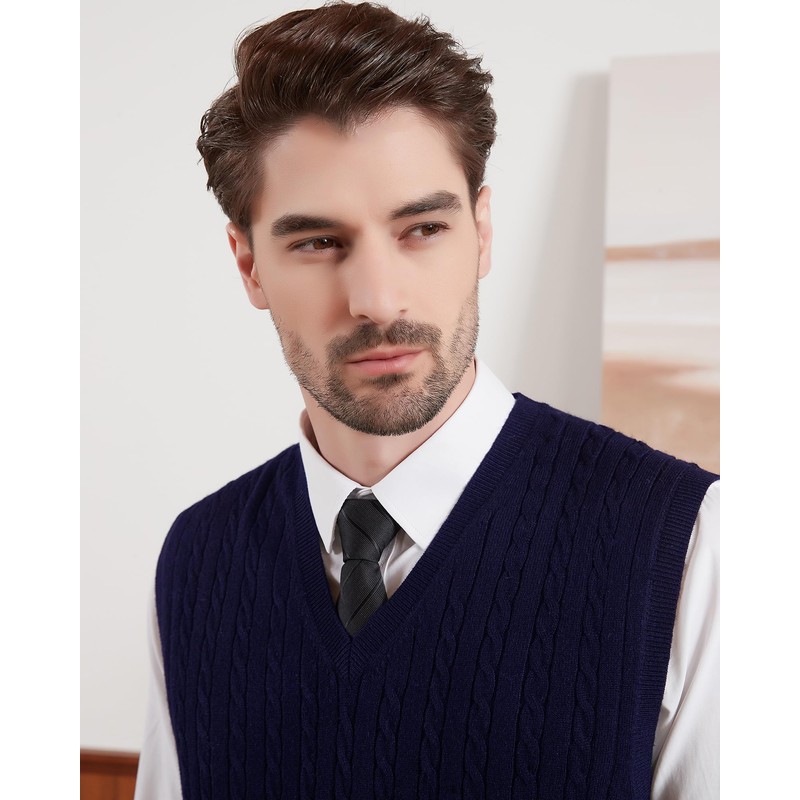 Kallspin Men's Knitted Vest Pulunder Sleeveless Cable Knit V-Neck Wool