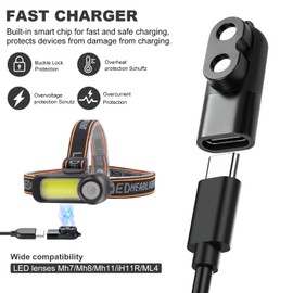 Adattatore di ricarica USB C compatibile con LEDLENSER MH11 MH5 MH7 MH8 iH11R ML4, caricatore magnetico di ricambio con cordino per torcia frontale, adattatore di ricarica di tipo C, nero