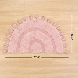 Half Circle Boho Bathroom Rugs with Tassels 100% Cotton Hand-Woven Bath Mat Non Slip Absorbent Bath Rugs with Rug Pad Washable Boho Bath Mat Carpet for Tub, Shower 20"x32",Pink