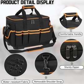 16 Inch Tool Bag with Waterproof Hard Bottom, Large Multi-Pockets Tool Tote Box Organizer Heavy Duty Storage Case