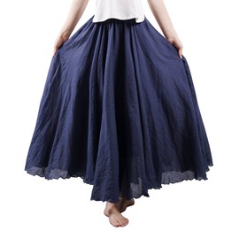 OCHENTA Women's Casual Cotton Long Maxi Skirt Flowy Boho for Summer Beach Goth Fairy Renaissance Weekend Skirts Navy Blue 95CM