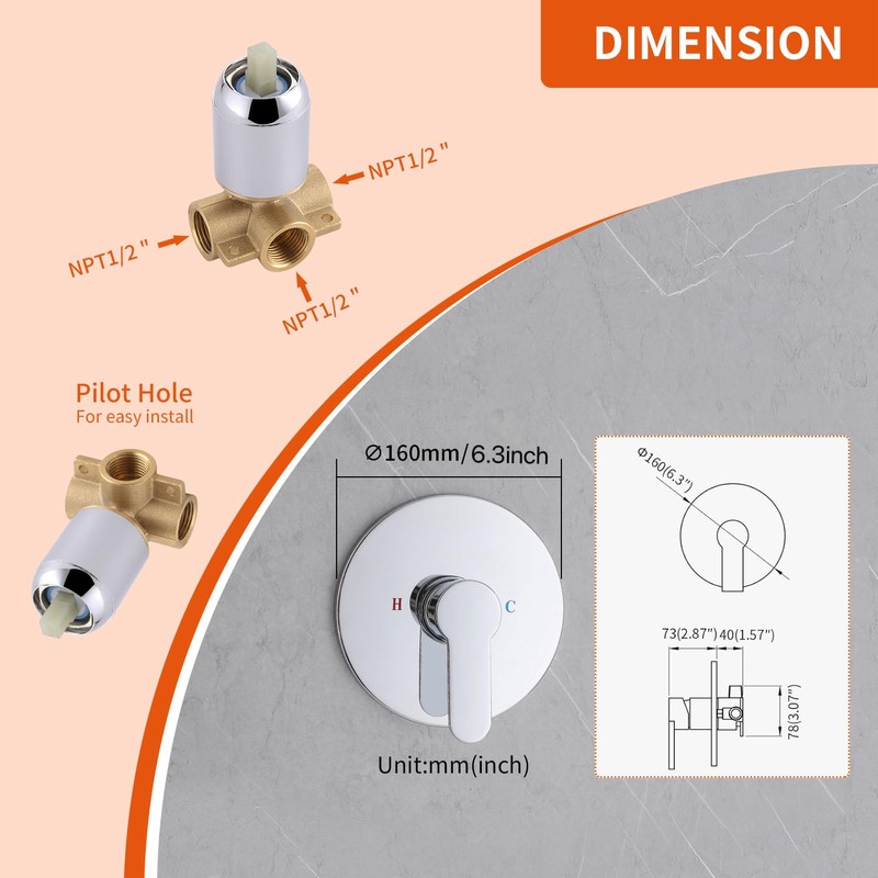 Shower Valve Handle, Bathroom Shower Mixer Valve Kit, Wall Mount