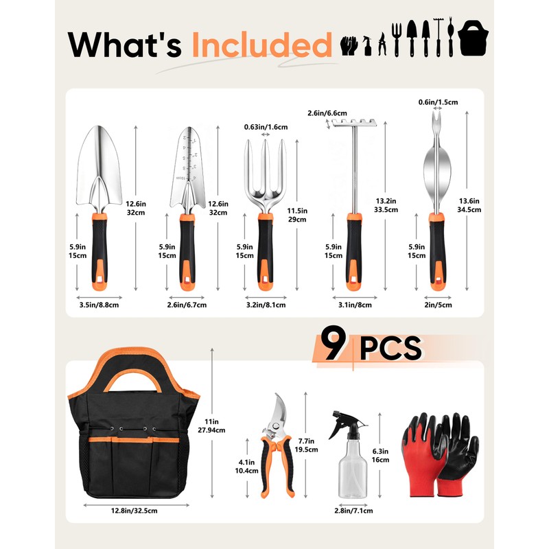 9-Piece Stainless Steel Garden Tools Set, HaSteeL Outdoors Gardening Hand