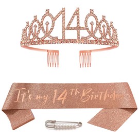 14th Birthday Sash Crown for Girls Rose Gold Crystal Queen Tiara Princess Crown 14th Birthday Sash 14th Birthday Crown Birthday Party Accessories Birthday Decoration 14th Birthday Gift