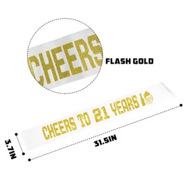 Cheers to 21 Years Sash with Gold Foil - White Soft Satin for Girl or Boy - Happy 21st Birthday Sash Gifts - 21 Years Old 21st Anniversary Party Favors Supplies
