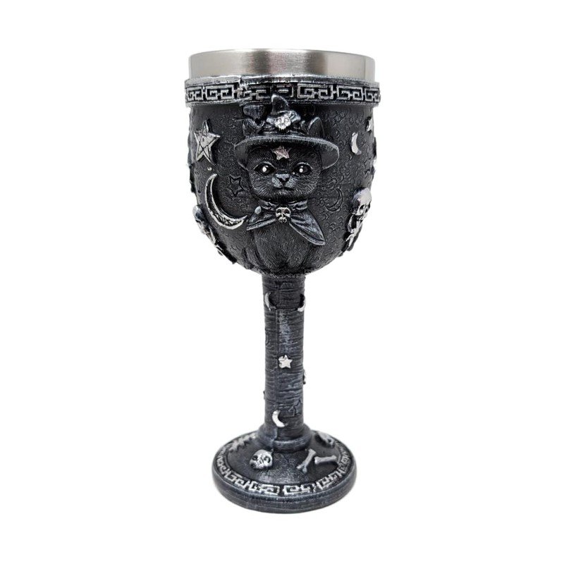 Black Cat Drinking Goblet - Gothic Chalice with Stainless Steel