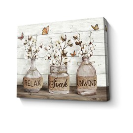 Parylore Farmhouse Bathroom Decor Wall Art Cotton Flower Picture Wall Decor Rustic Mason Jar Farmhouse Style Painting Framed Modern Artwork For Living Room Bedroom Bathroom Office Home Decor 16x20 In