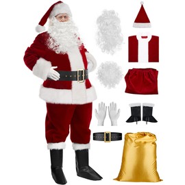 Christmas Deluxe Plush Santa Suit Outfit for Adults - Complete Professional Big Tall Santa Costume with Beard