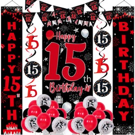 15th Birthday Decorations for Boys Girls - Red and Black 15th Birthday Balloons Banner Including HAPPY 15th BIRTHDAY Decorations Backdrop Door Porch Sign-15 Years Old Boy Birthday Decorations