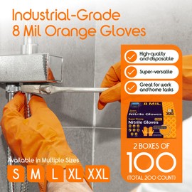 Inspire Heavy Duty Orange Nitrile Disposable Gloves | ULTRA 8 Mil Diamond Textured Grip | Industrial Mechanic Food (200, Medium)