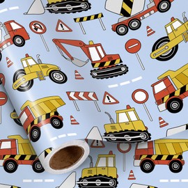 RUSPEPA Construction Vehicle Wrapping Paper Roll for Boys, Mini Roll, Cartoon Digger, Cement Mixer, Dump Truck and Road Sign Design Gift Wrap for Kids Birthday, Truck Party, 17 Inches x 16.4 Feet