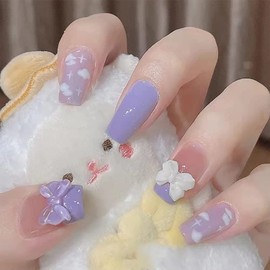 MISUD Short Press on Nails, Square Fake Nails, Glossy Squoval False Nails, Cute Glue on Nails with Designs for Women and Girls