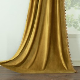 Leeva Luxury Velvet Blackout Curtains- 52x84 Inch Thermal Insulated Room Darkening Drapes with Tassel Trim for Bedroom, Soft Window Treatments, Rod Pocket, Set of 2, Solid Yellow
