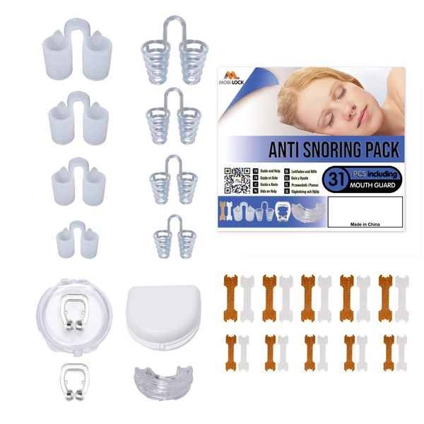 Anti Snore Device for Various Types of Snoring (Pack of 31) - With Nostrils, Nose Clips and Nose Strips - Includes Mouth Guard - A Snoring Stopper Solution - by Mobi Lock