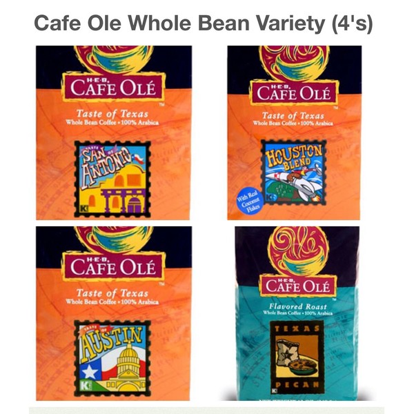 Cafe Ole Whole Bean Variety Pack Taste of San Antonio; Houston, Austin and Texas Pecan 12 Oz (Pack of 4)