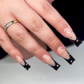 French Tip Press on Nails Long, Black Tips Coffin Fake Nails Stick on Nails Glossy Full Cover Acrylic False Nails with Rhinestone Designs Glue on Nails for Women 24 Pcs