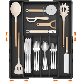 Lifewit Organizador de Cubiertos, Bandeja Expandible para Utensilios de Cocina, sin BPA, Soporte de Plástico Ajustable para Cucharas, Tenedores y Cuchillos, 4-7 ranuras, Negro